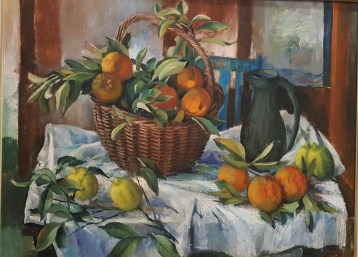 Margaret Olley, Basket of orange, lemon and jugs, 1966