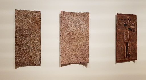 Gulumbu Yunupiŋu, Garak, The Universe 2009 (l) Ganyu, 2009 (c), Mäw' Mununggurr, Banumbirr (Morning Star ceremony), 1948 (r)